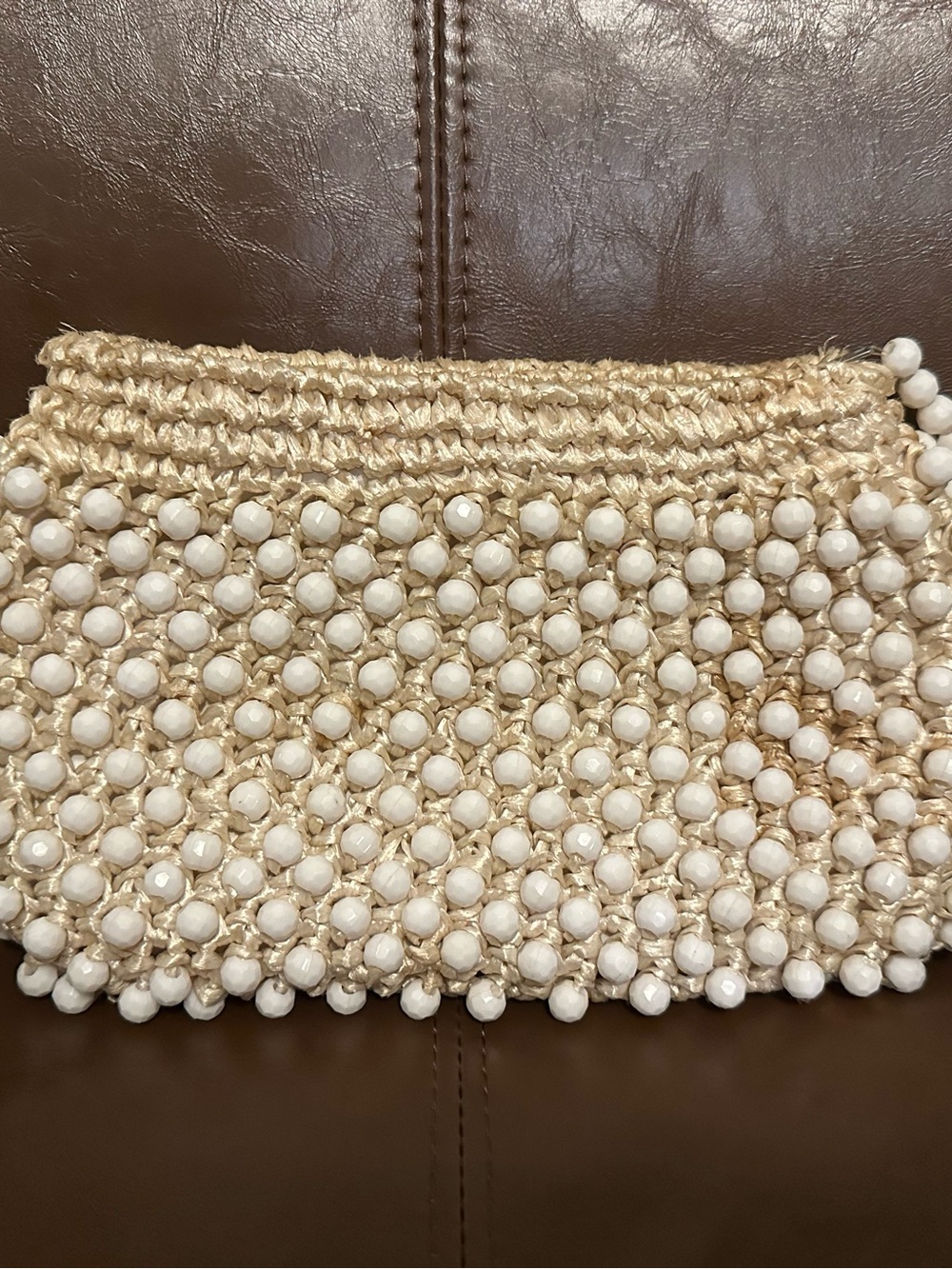 Vintage Cream Woven Beaded Raffia Wristlet Clutch - Picture 2 of 11